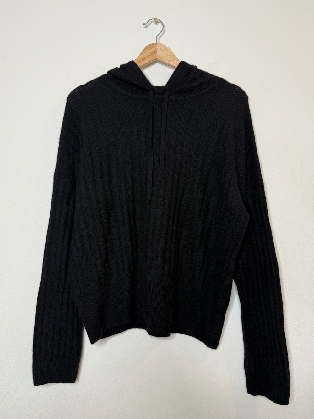 NAADAM 100% Cashmere Ribbed Stripe Pullover Hoodie Sweatshirt Sweater in black